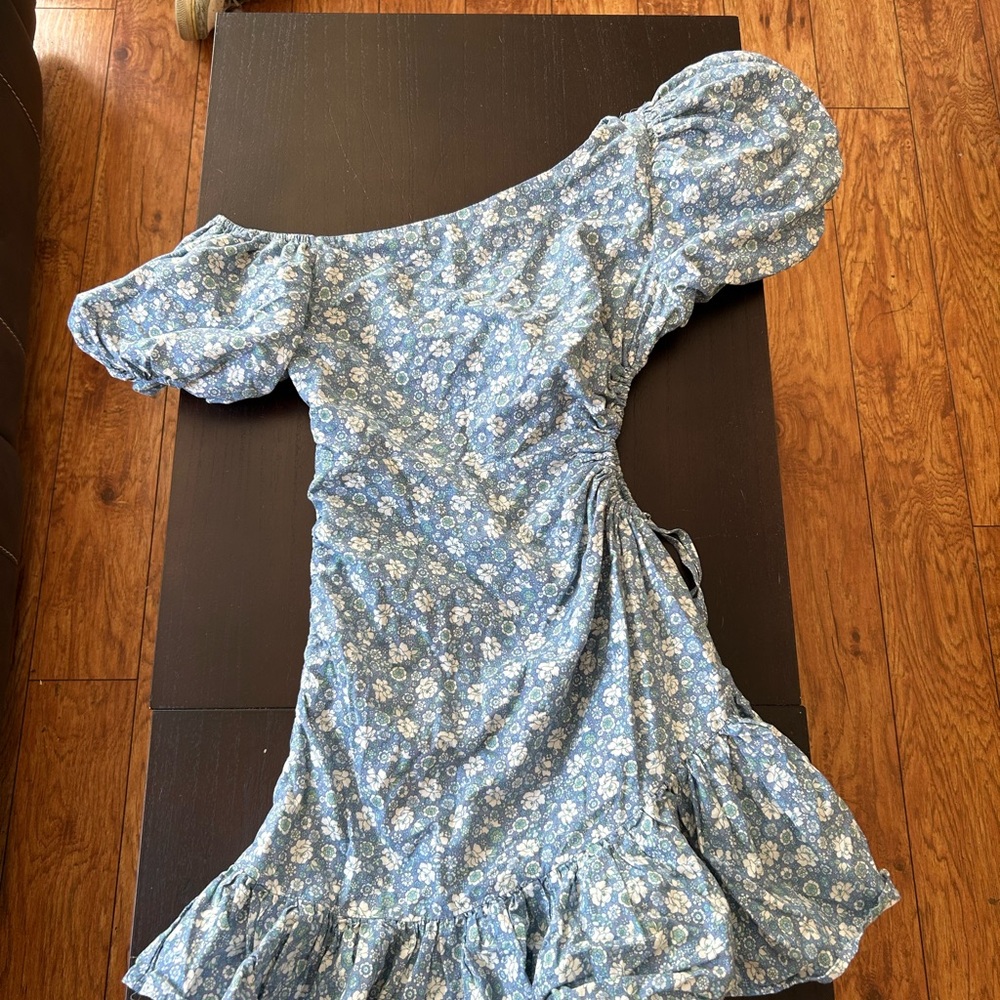 Floral Blue Asymmetrical Off-Shoulder Dress